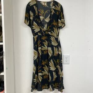 Diega Blue Green Tropical Print Faux Wrap Midi Dress Womens XS Beachy Vacation